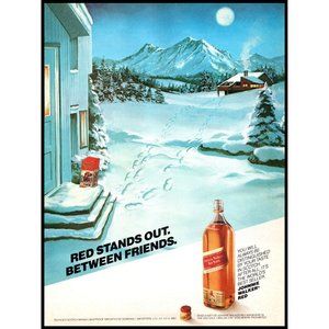 1984 Johnnie Walker Red Scotch Vintage Print Ad Christmas Gift Snow Cabin Decor